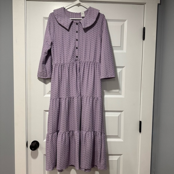 Purple Patterned Ruffle Midi Dress - Picture 2 of 11